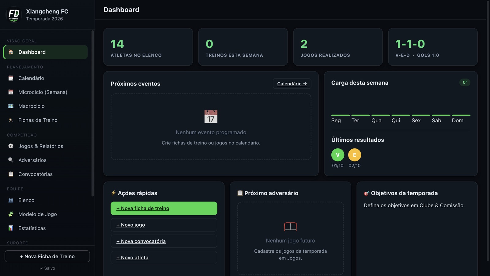 Painel do Football Desk App com dashboard da equipe, calendário e indicadores da temporada